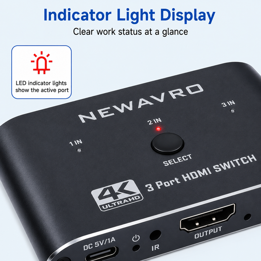 Newavro 4K 3 Port HDMI Switch - Ultra HD HDMI Splitter Switcher