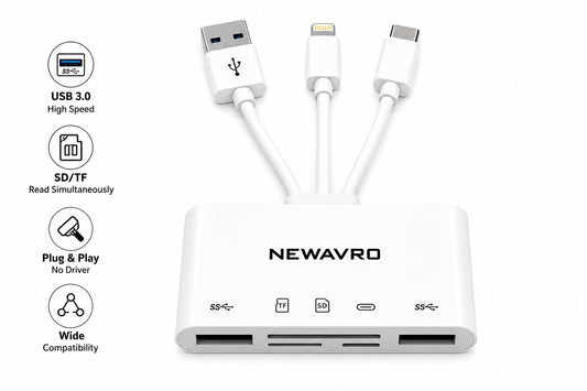 NEWAVRO 5-in-1 USB 3.0 Memory Card Reader with USB-C & Lightning for SD, Micro SD (TF) & USB Flash Drives