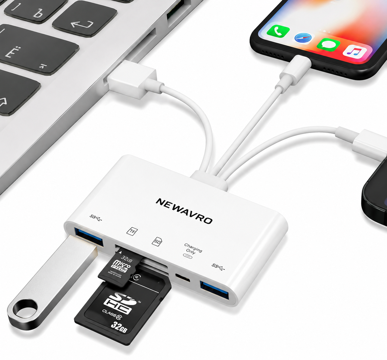Newavro 5-in-1 Multi Card Reader & Charging Cable Hub USB, Type-C & Lightning Adapter
