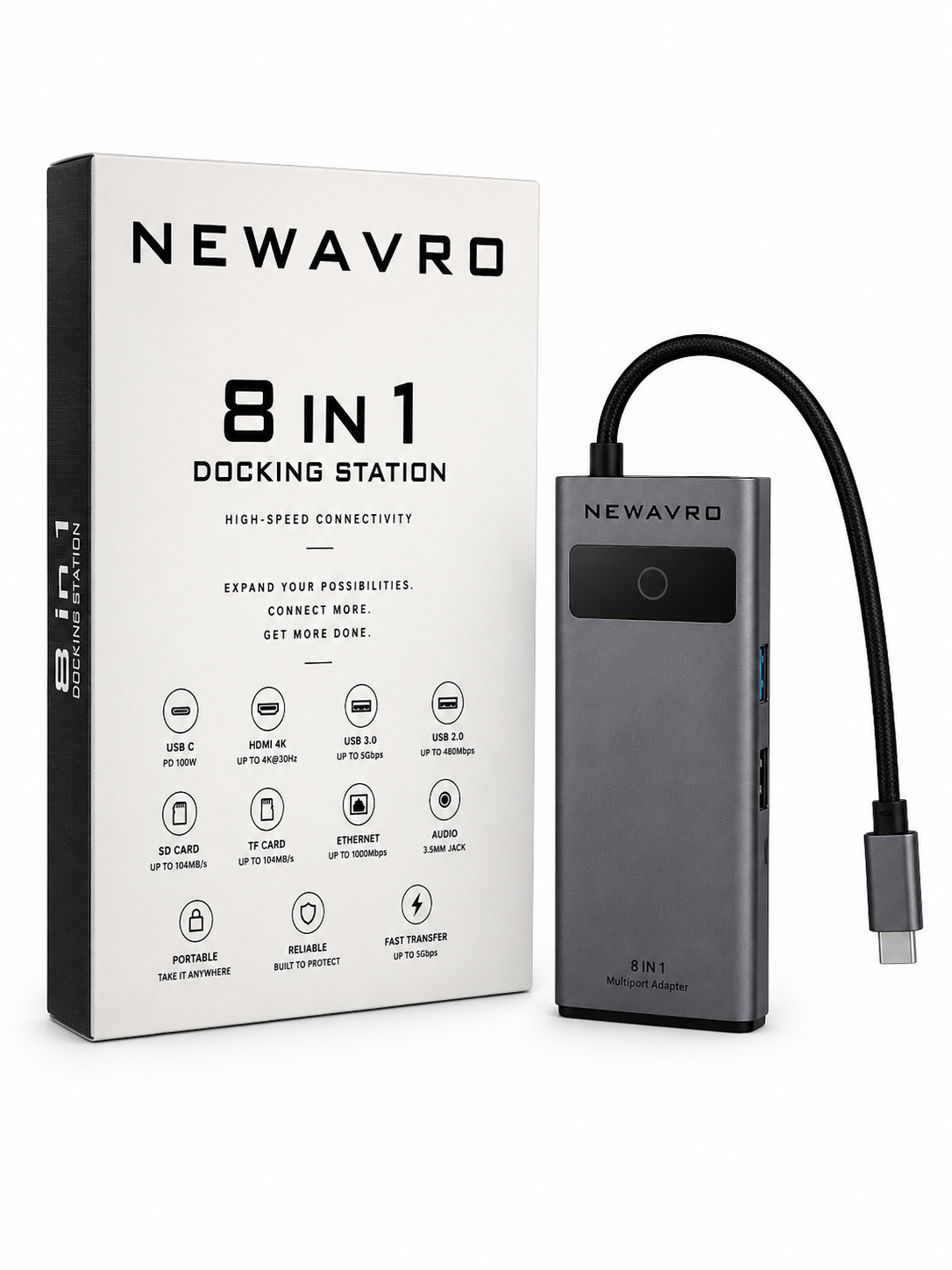 NEWAVRO 8-in-1 USB-C Hub Docking Station - Multiport Type-C Adapter w/ HDMI
