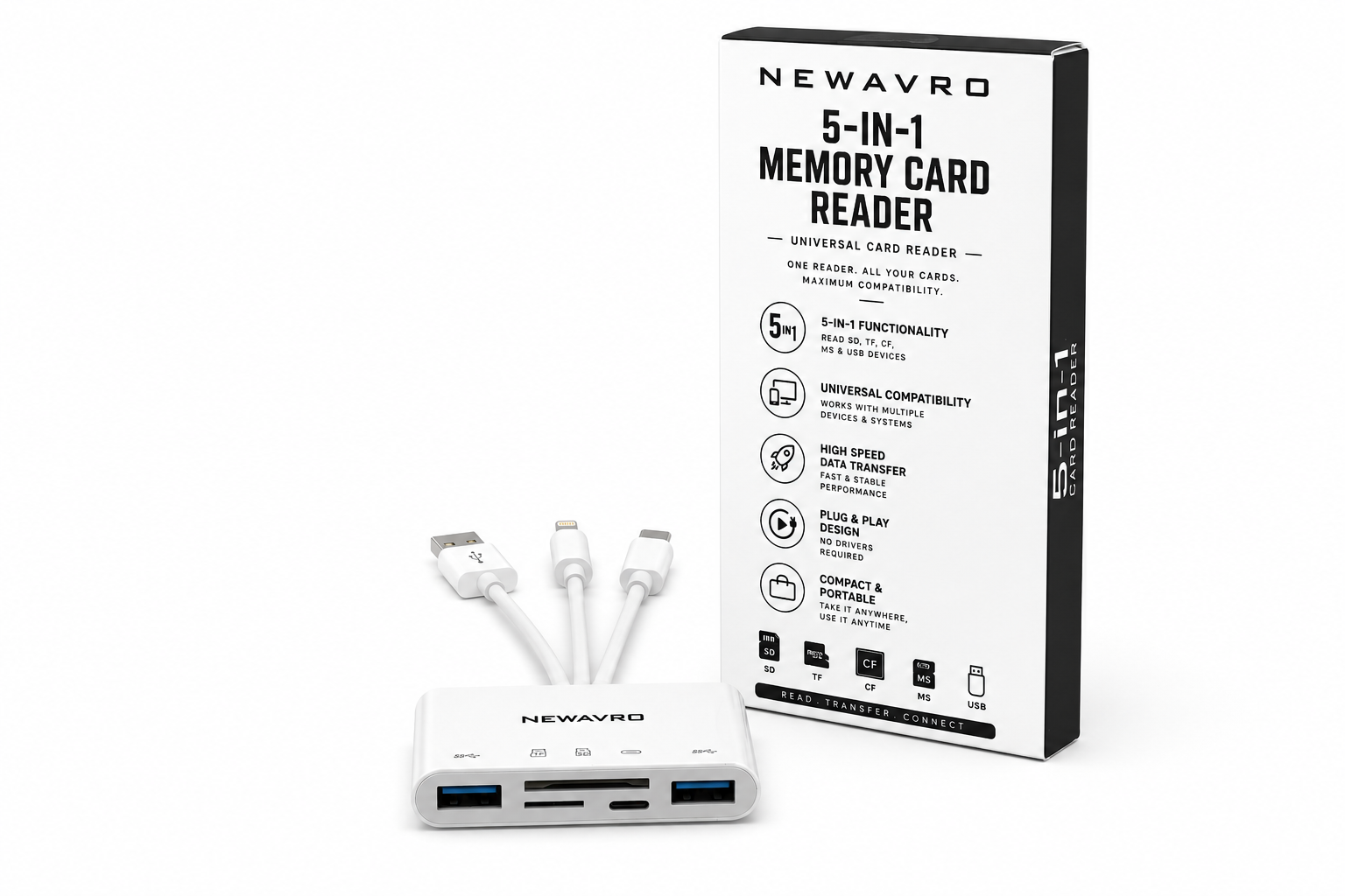 Newavro 5-in-1 Multi Card Reader & Charging Cable Hub USB, Type-C & Lightning Adapter