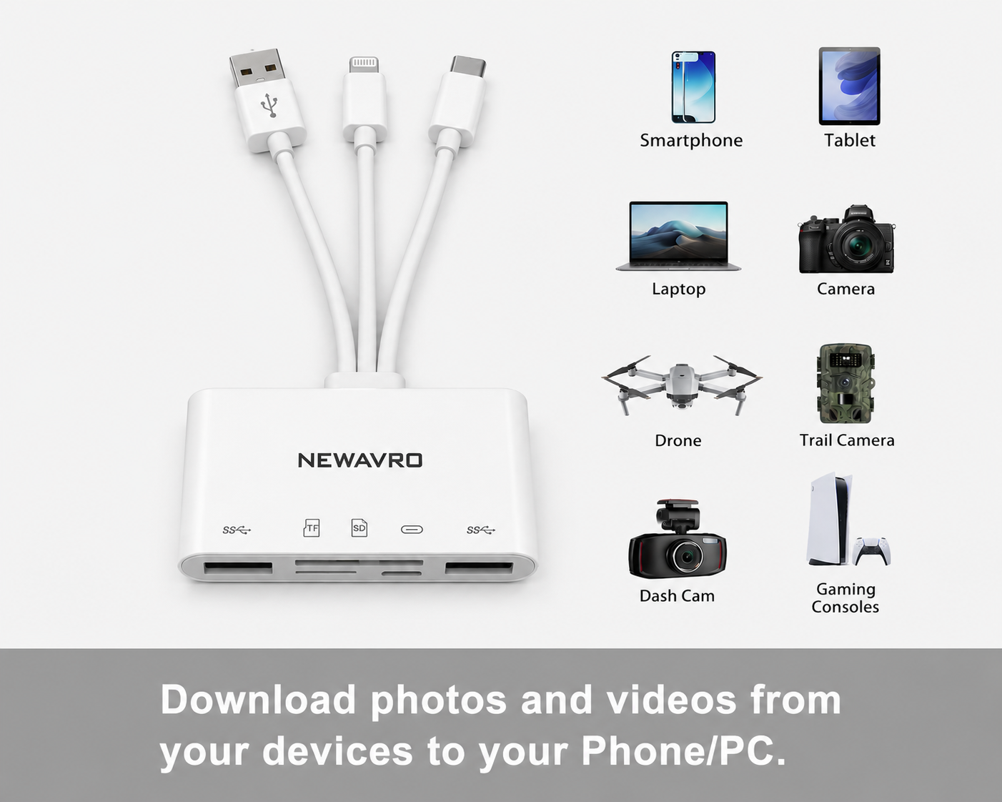 Newavro 5-in-1 Multi Card Reader & Charging Cable Hub USB, Type-C & Lightning Adapter