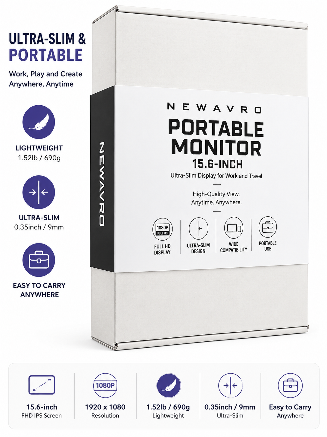 Newavro 15.6" Portable Monitor - 1080P Full HD USB-C HDMI External Display