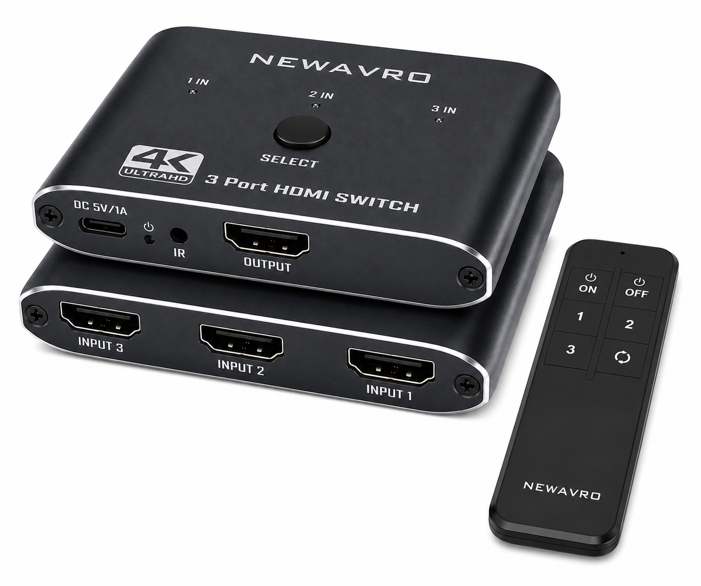 Newavro 4K 3 Port HDMI Switch - Ultra HD HDMI Splitter Switcher