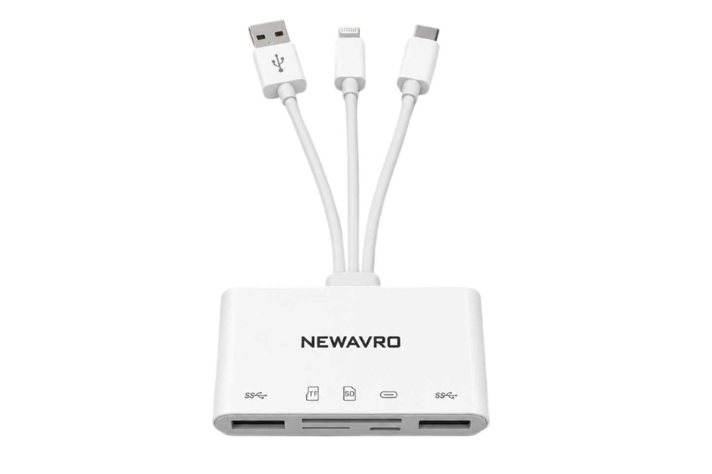 Newavro 5-in-1 Multi Card Reader & Charging Cable Hub USB, Type-C & Lightning Adapter