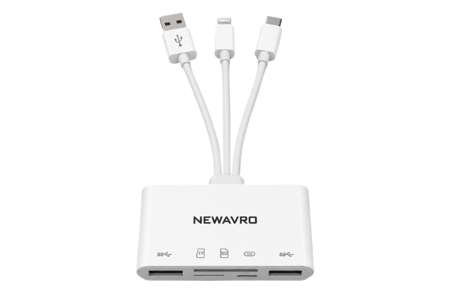 Newavro 5-in-1 Multi Card Reader & Charging Cable Hub USB, Type-C & Lightning Adapter