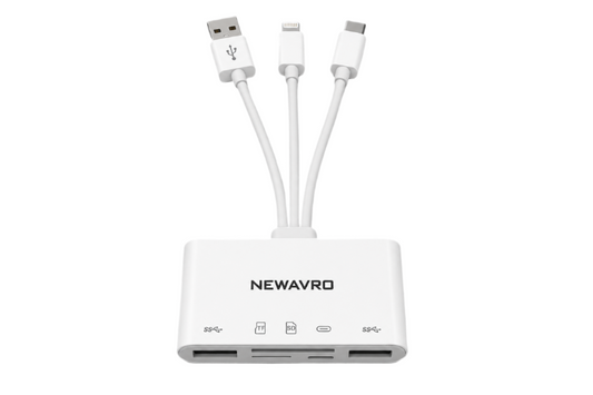 Newavro 5-in-1 Multi Card Reader & Charging Cable Hub USB, Type-C & Lightning Adapter