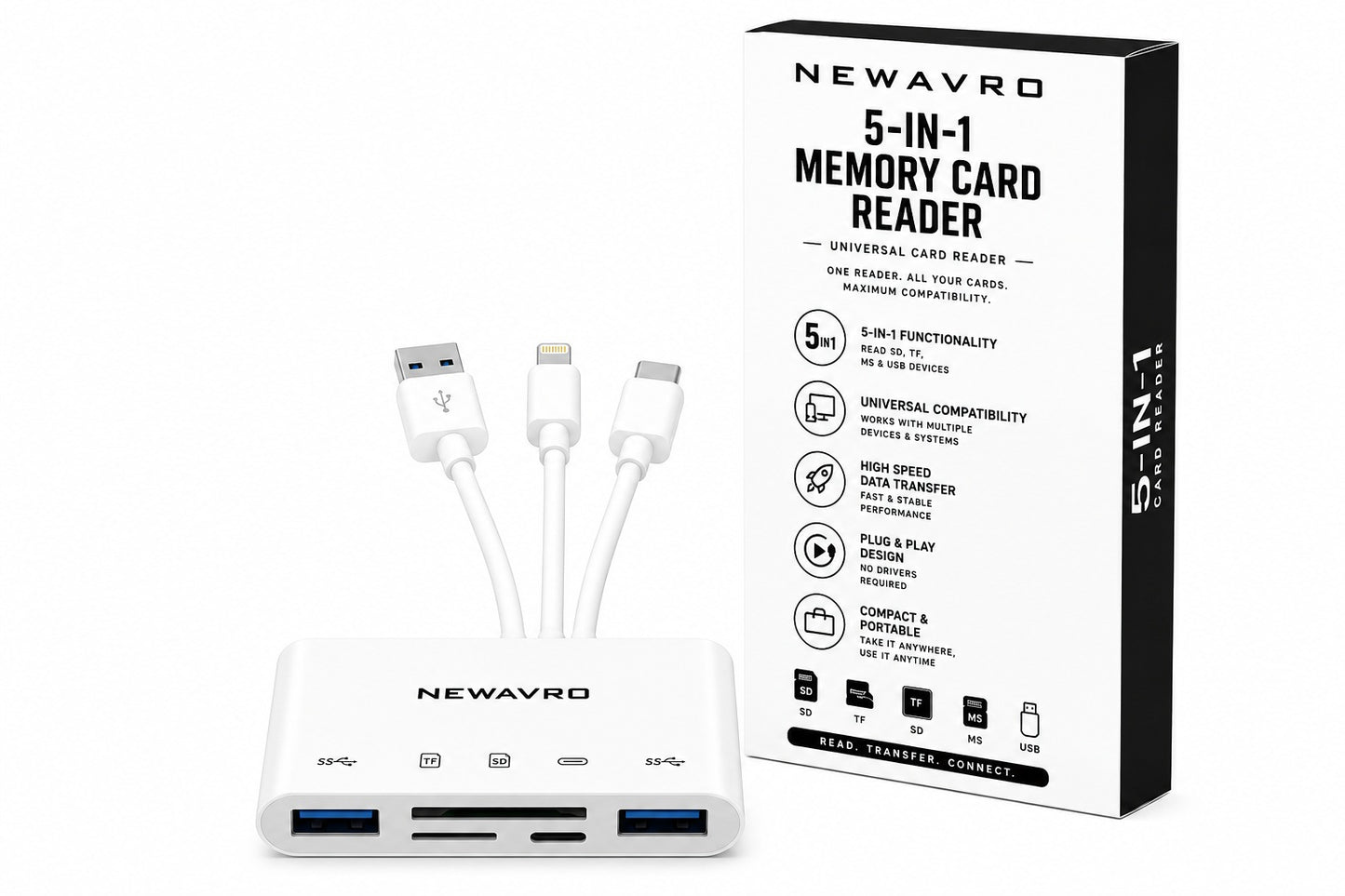 NEWAVRO 5-in-1 USB 3.0 Memory Card Reader with USB-C & Lightning for SD, Micro SD (TF) & USB Flash Drives