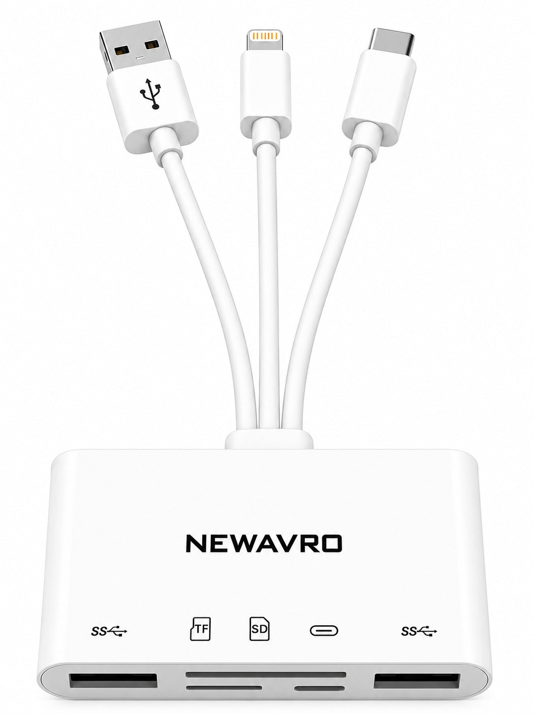NEWAVRO 5-in-1 USB 3.0 Memory Card Reader with USB-C & Lightning for SD, Micro SD (TF) & USB Flash Drives