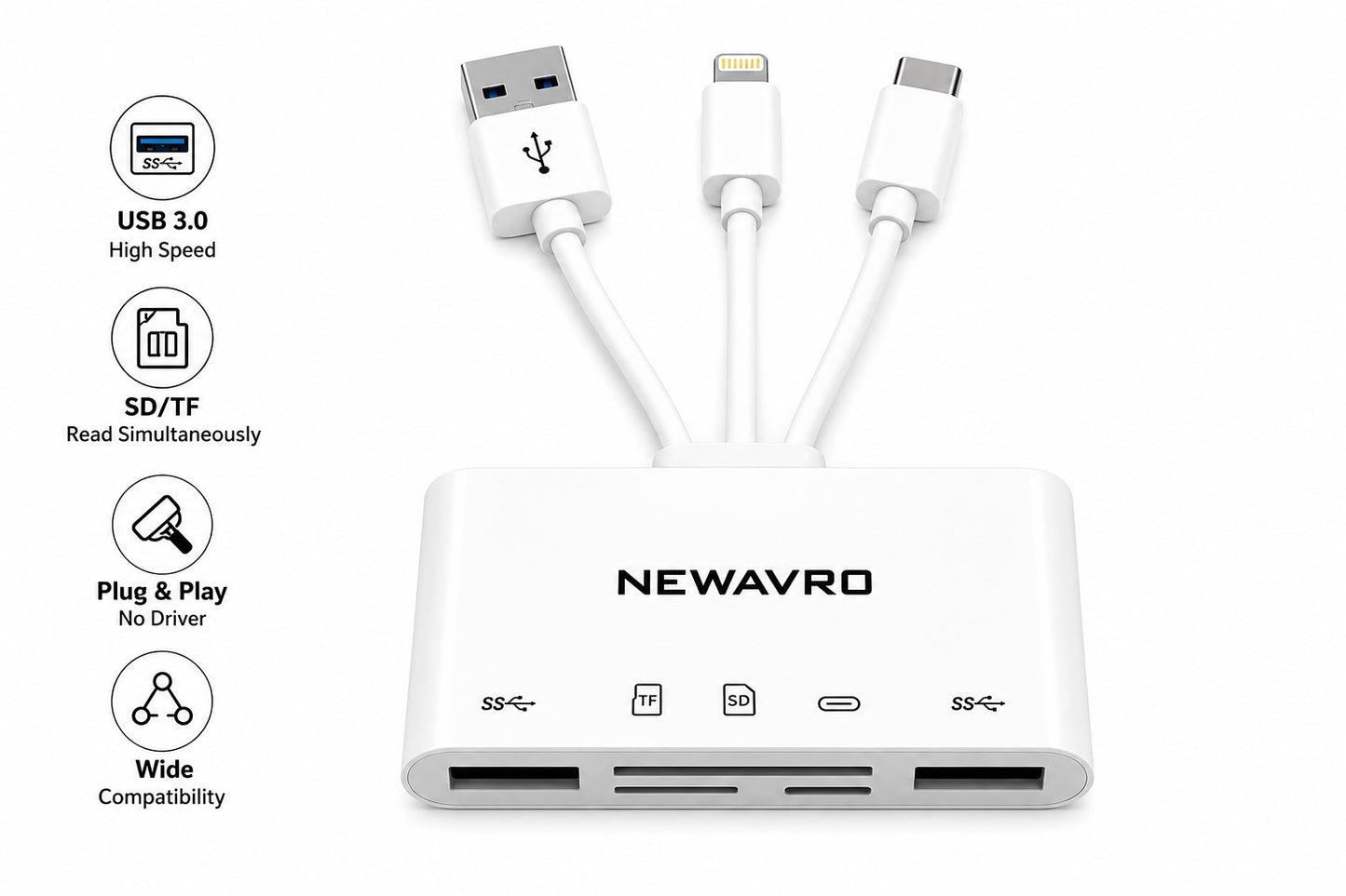 NEWAVRO 5-in-1 USB 3.0 Memory Card Reader with USB-C & Lightning for SD, Micro SD (TF) & USB Flash Drives