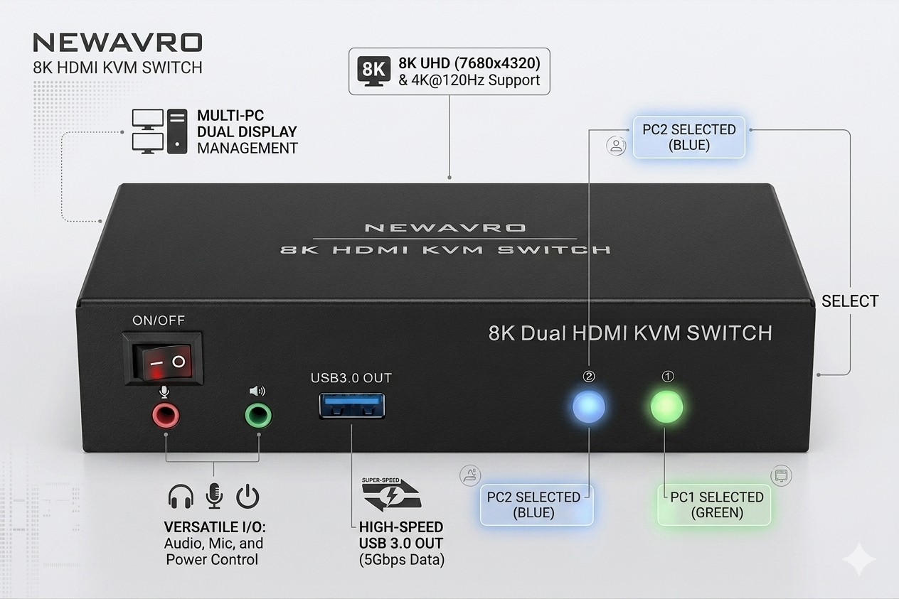 Newavro 8K HDMI KVM Switch 2 Port - Dual HDMI USB 3.0 Switcher